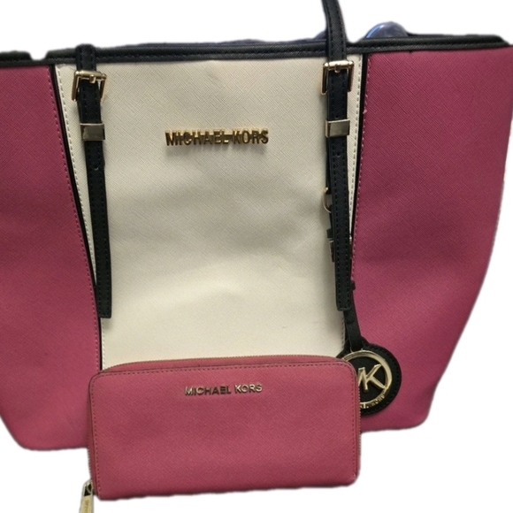 Michael Kors Handbags - Michael Kors Travel Tote Saffiano Leather Pink & White With Matching Pink Wallet
